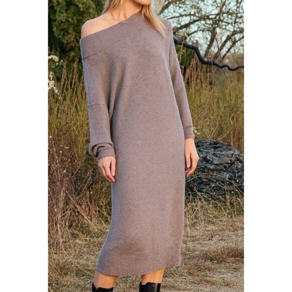 Free People Off Shoulder Sweater Dress Gray Med Cozy Quiet Luxury Dark Academia - Picture 2 of 15